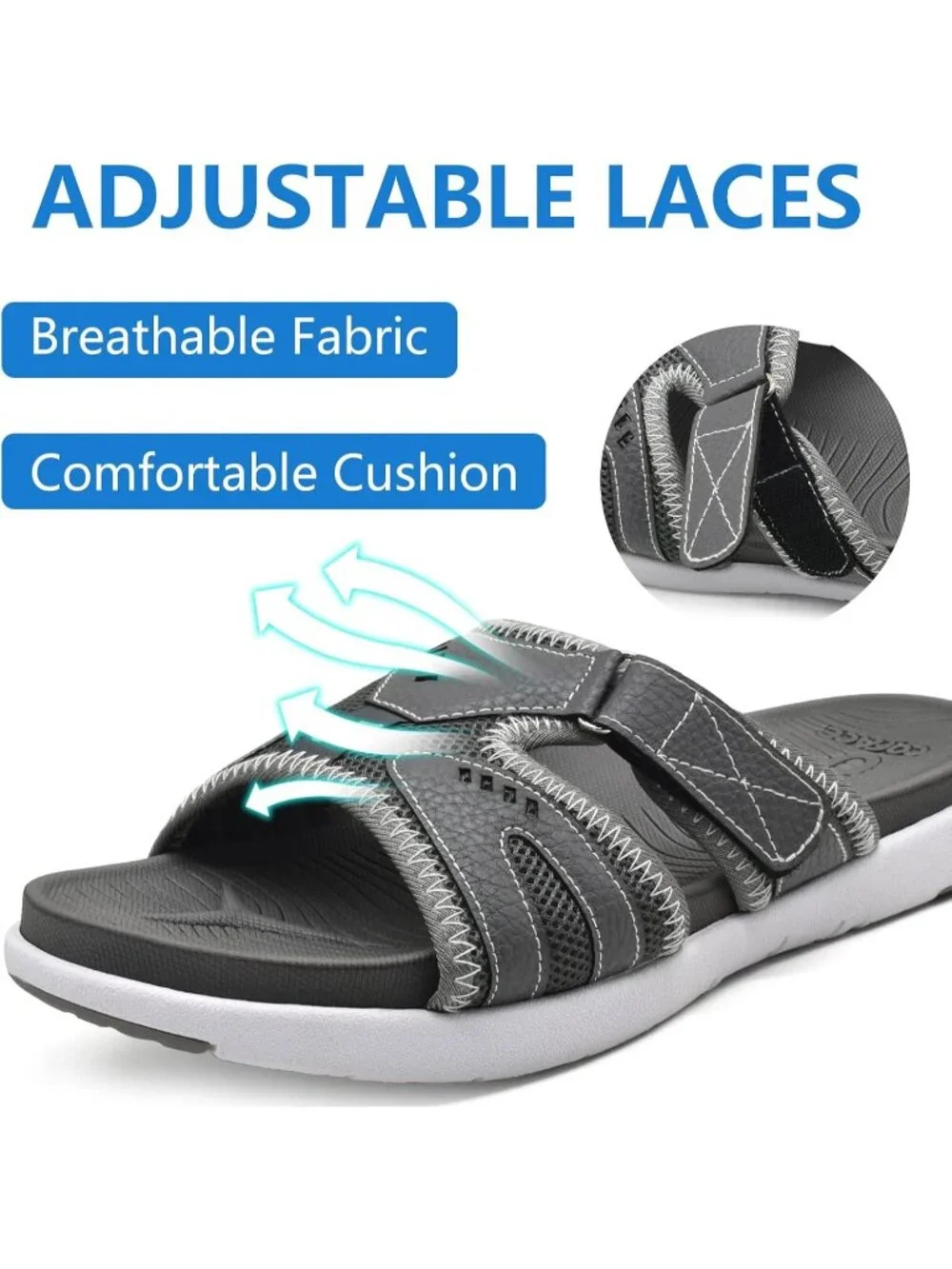 Men's Grey Sport Recovery Sandals Plantar Fasciitis Soft Cushion Lightweight